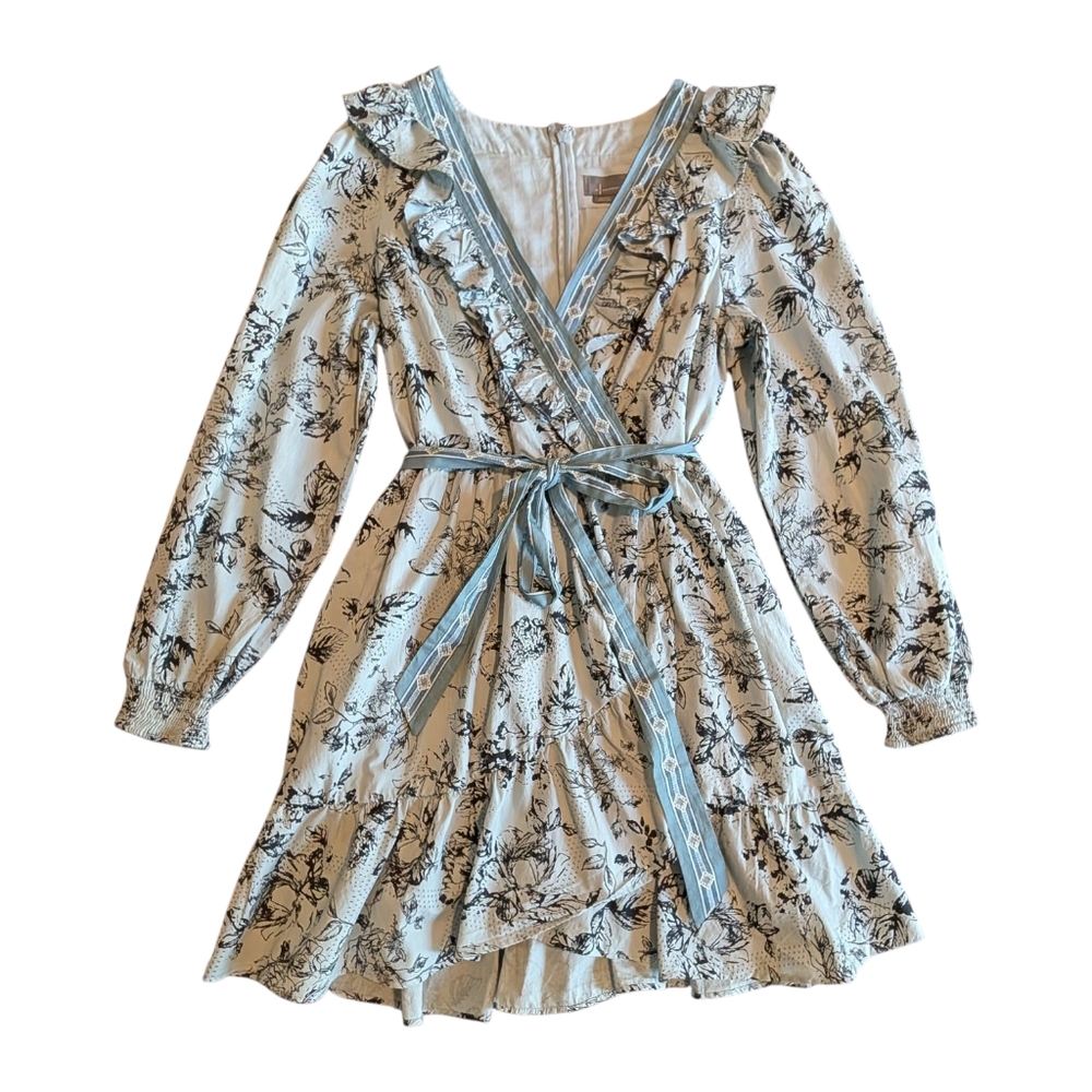 NWT Anthropologie Ruffle Faux Wrap Mini Dress | XL | Blue Floral Cotton Spring
